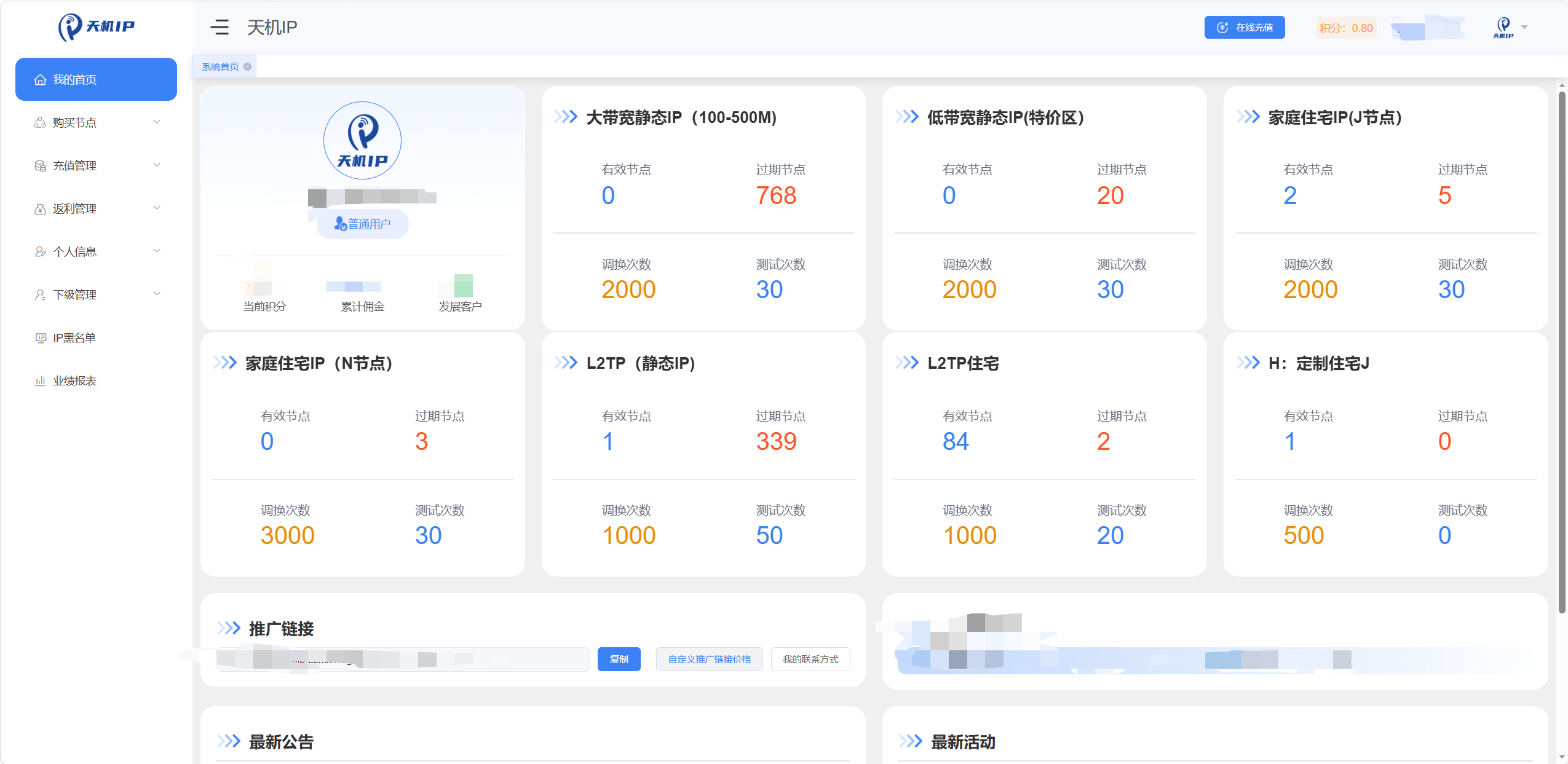 天机IP登录后控制台首页